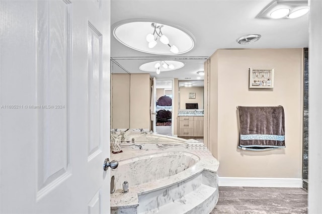 bathroom featuring wood-type flooring, vanity, and a washtub