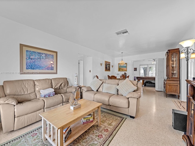 living room featuring pool table and ceiling fan