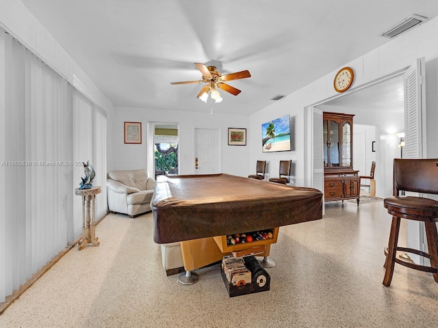 playroom featuring ceiling fan and billiards