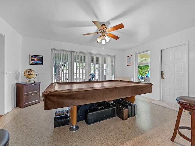 recreation room with ceiling fan and billiards