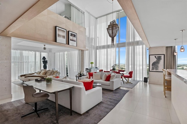 living room with tile patterned flooring and expansive windows