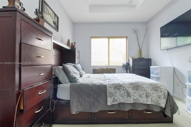 bedroom with light carpet and a tray ceiling