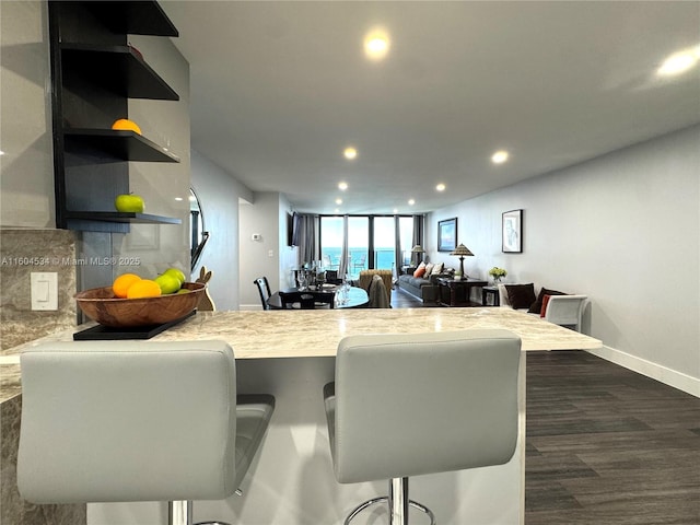 dining area featuring a wall of windows and dark hardwood / wood-style flooring