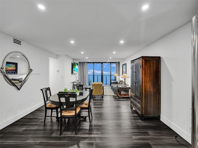 dining room featuring floor to ceiling windows and dark hardwood / wood-style flooring