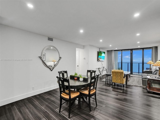 dining room with a wall of windows and dark hardwood / wood-style floors