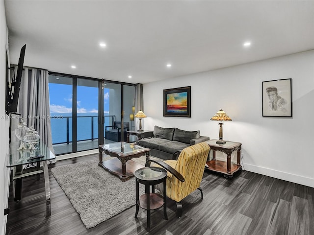 living room featuring floor to ceiling windows and dark hardwood / wood-style floors