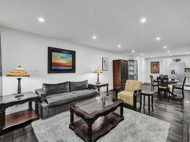 living room with dark hardwood / wood-style flooring