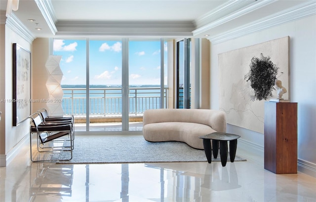 living room featuring a water view and crown molding