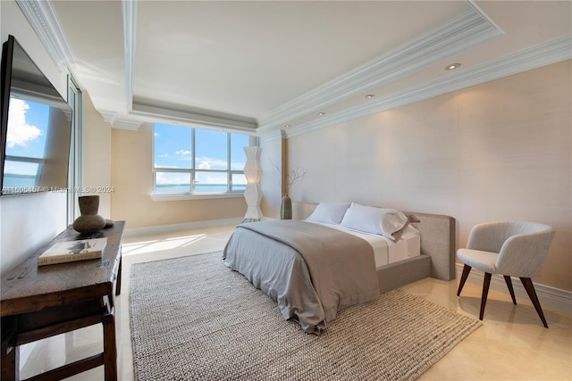 bedroom featuring a tray ceiling, multiple windows, and ornamental molding