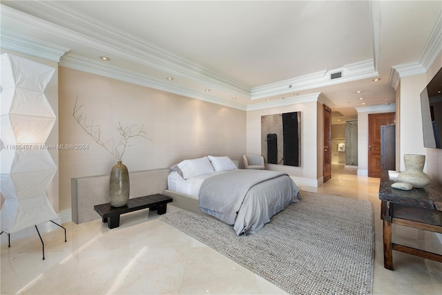 tiled bedroom featuring a tray ceiling and crown molding