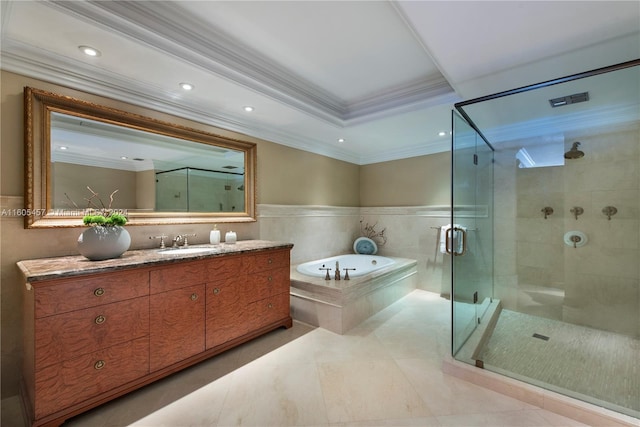 bathroom with tile patterned flooring, vanity, shower with separate bathtub, and crown molding