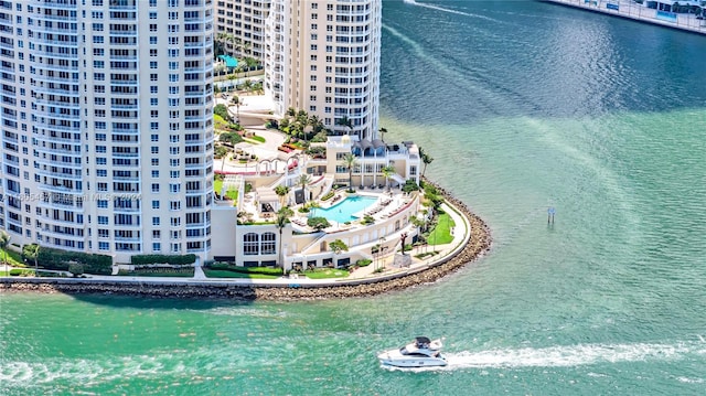 birds eye view of property featuring a water view