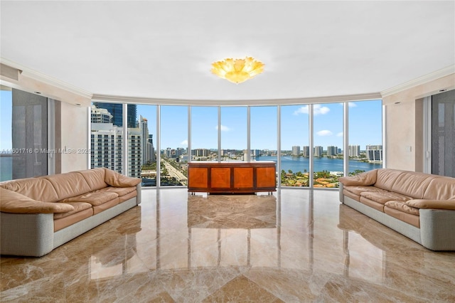 living room featuring a city view, a wall of windows, and crown molding