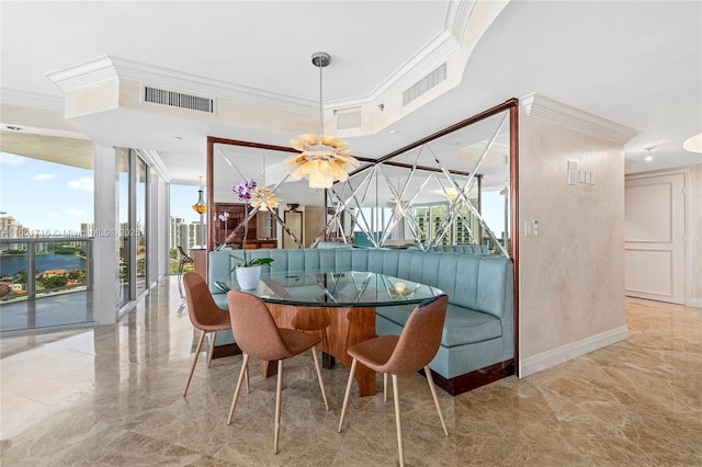 dining space featuring visible vents, marble finish floor, and ornamental molding