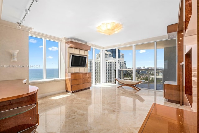 living area with baseboards, floor to ceiling windows, rail lighting, crown molding, and marble finish floor