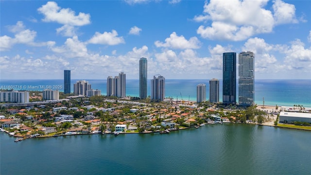 birds eye view of property with a water view and a city view