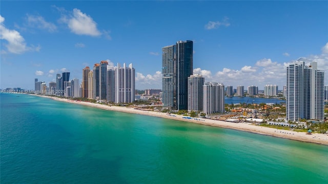 drone / aerial view with a city view and a water view