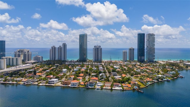 bird's eye view featuring a view of city and a water view