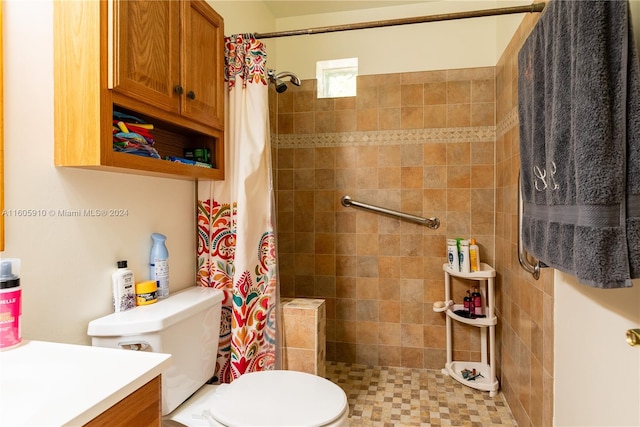 bathroom with vanity, tile patterned floors, tile walls, a shower with curtain, and toilet