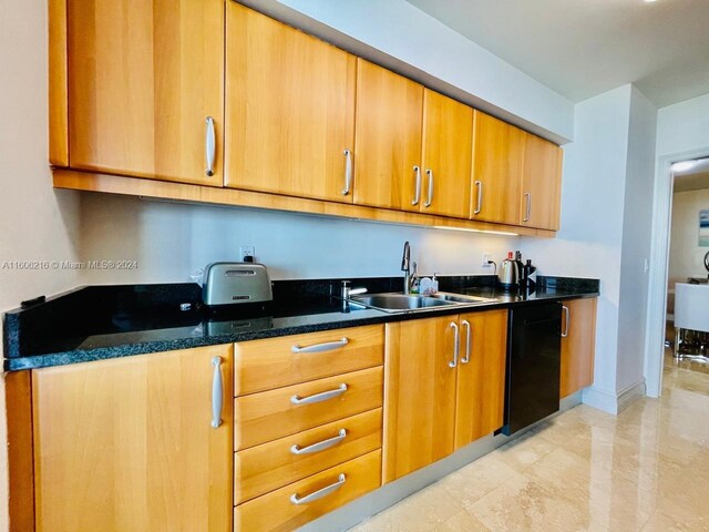 kitchen featuring black dishwasher, dark stone counters, and sink