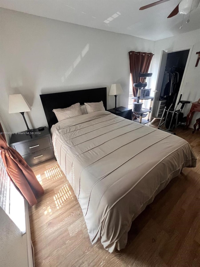 bedroom with dark hardwood / wood-style floors and ceiling fan