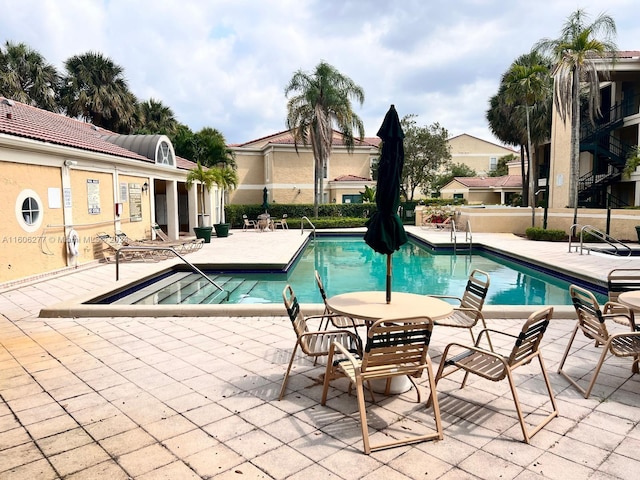 view of swimming pool featuring a patio area