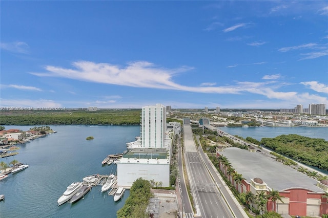 birds eye view of property featuring a water view