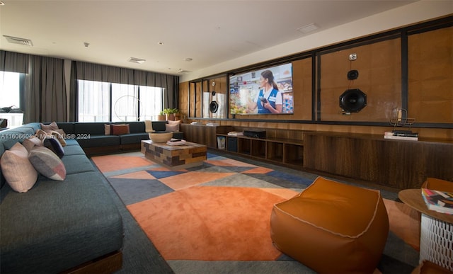 carpeted cinema room with a healthy amount of sunlight