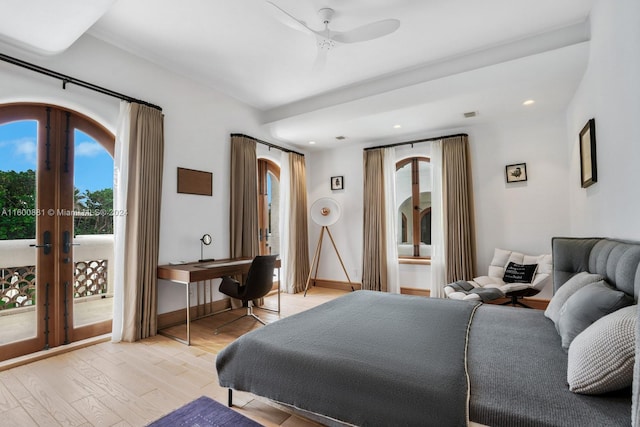 bedroom with ceiling fan, french doors, light wood-type flooring, and access to exterior