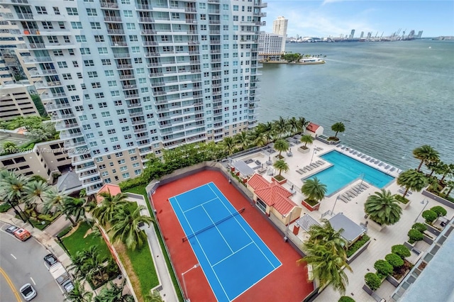 aerial view featuring a water view