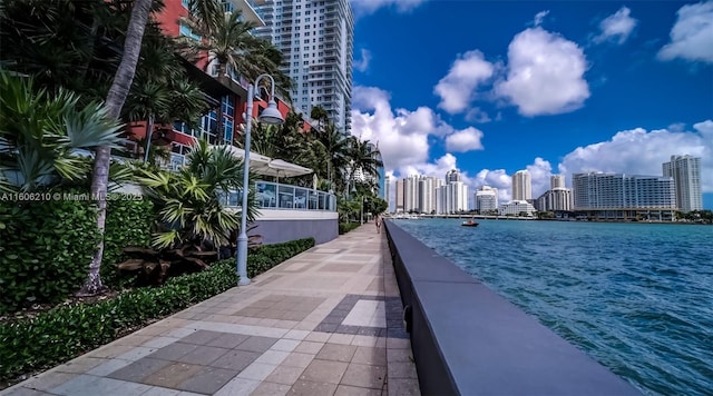 view of community with a water view