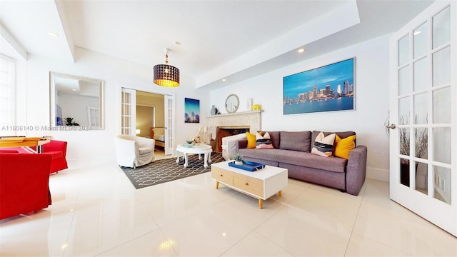 tiled living room with french doors