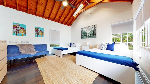 bedroom featuring wood ceiling, high vaulted ceiling, beam ceiling, and dark wood-type flooring