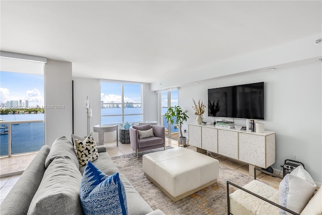 tiled living room with expansive windows