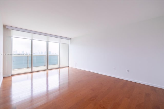 unfurnished room with hardwood / wood-style flooring and a wall of windows