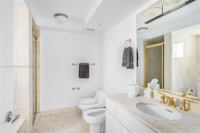 bathroom featuring vanity, a shower with door, a bidet, tile patterned flooring, and toilet