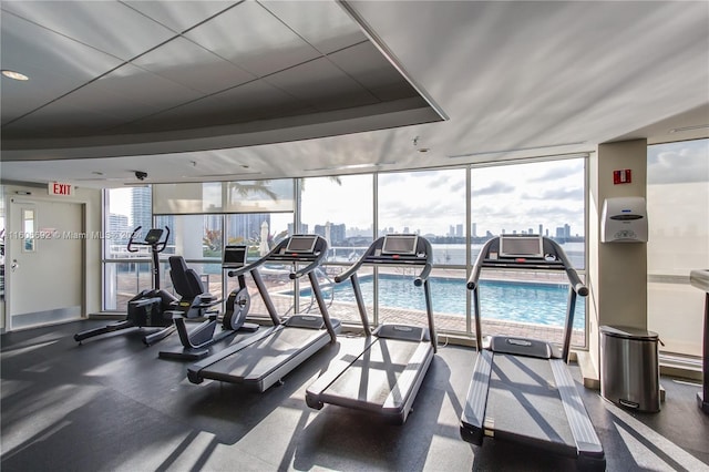 exercise room featuring floor to ceiling windows