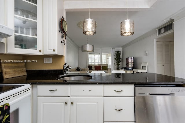 kitchen featuring sink, crown molding, white cabinets, decorative light fixtures, and stainless steel dishwasher