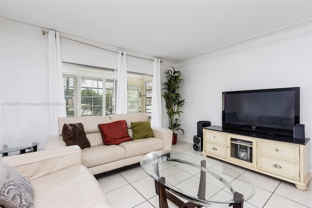 tiled living room with crown molding