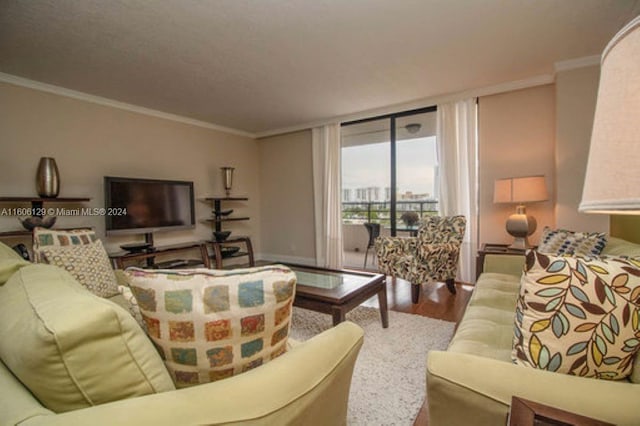 living room with hardwood / wood-style floors, ornamental molding, and expansive windows