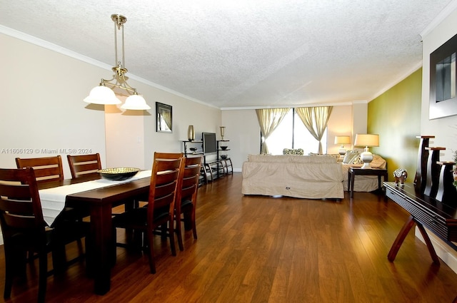 dining space with crown molding, a textured ceiling, and dark hardwood / wood-style flooring