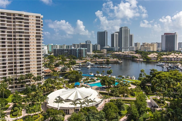 drone / aerial view with a water view