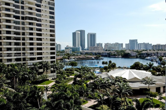 property's view of city featuring a water view