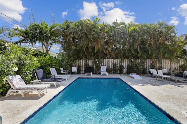 view of swimming pool featuring a patio area