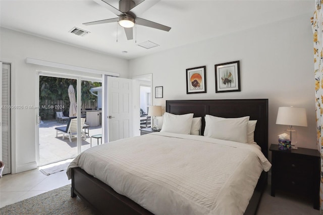 bedroom featuring ceiling fan, light tile patterned floors, and access to exterior