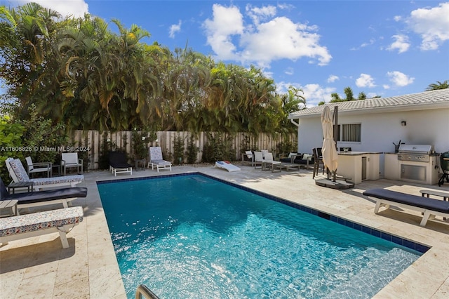 view of pool featuring an outdoor bar, a grill, an outdoor kitchen, and a patio area