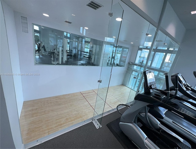 workout area featuring wood-type flooring