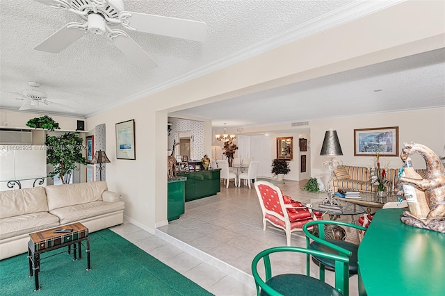 living room featuring a textured ceiling, crown molding, and light tile patterned flooring