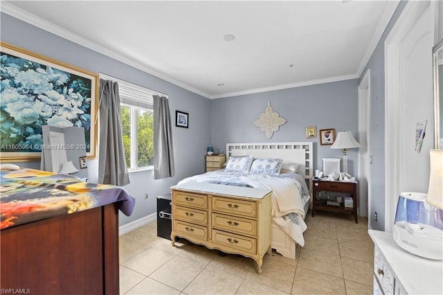 bedroom with baseboards, ornamental molding, and light tile patterned flooring