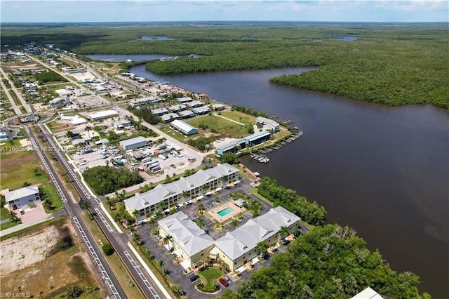 drone / aerial view with a water view